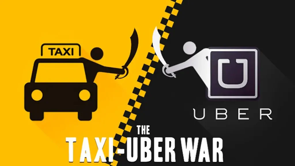Imagem em preto e amarelo, com um ícone simbolizando a guerra entre taxistas e a empresa Uber.