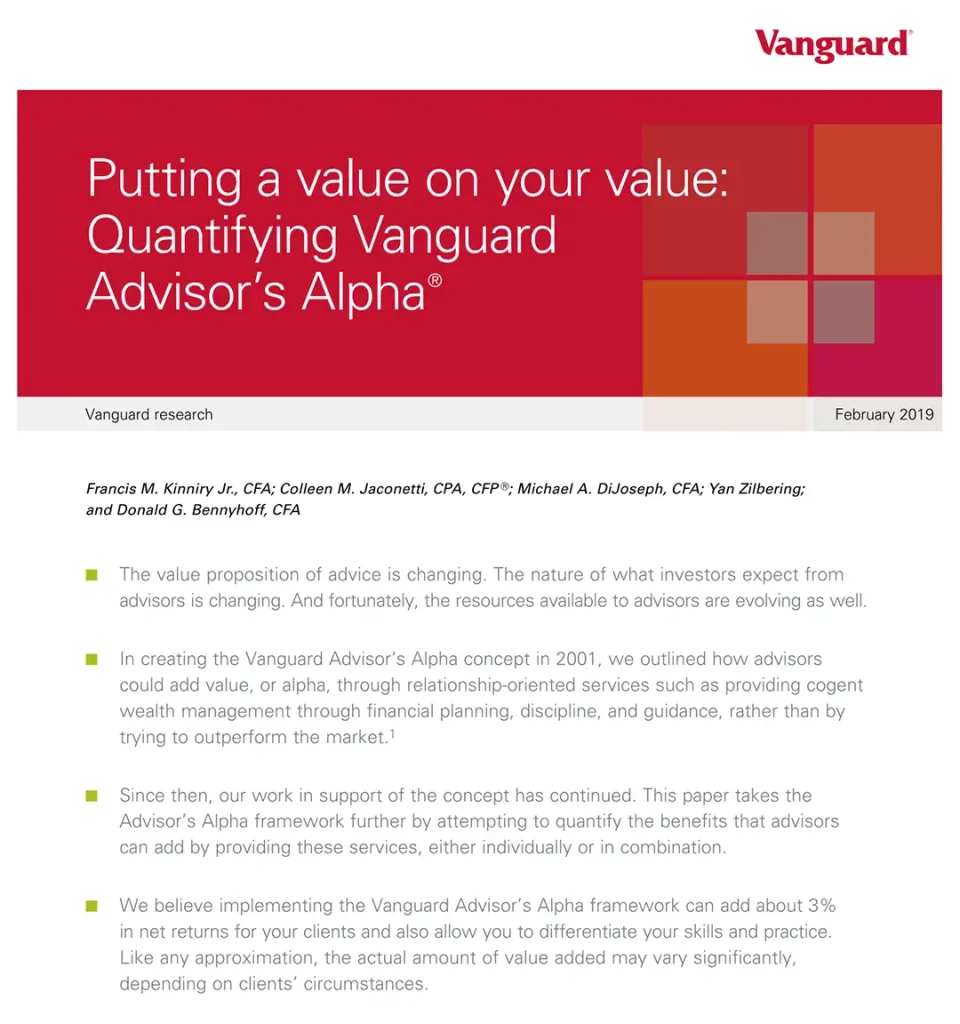 Captura da tela da Vanguard com a chamada: Putting a value on your value: quantifying Vanguard Advisor´s Alpha