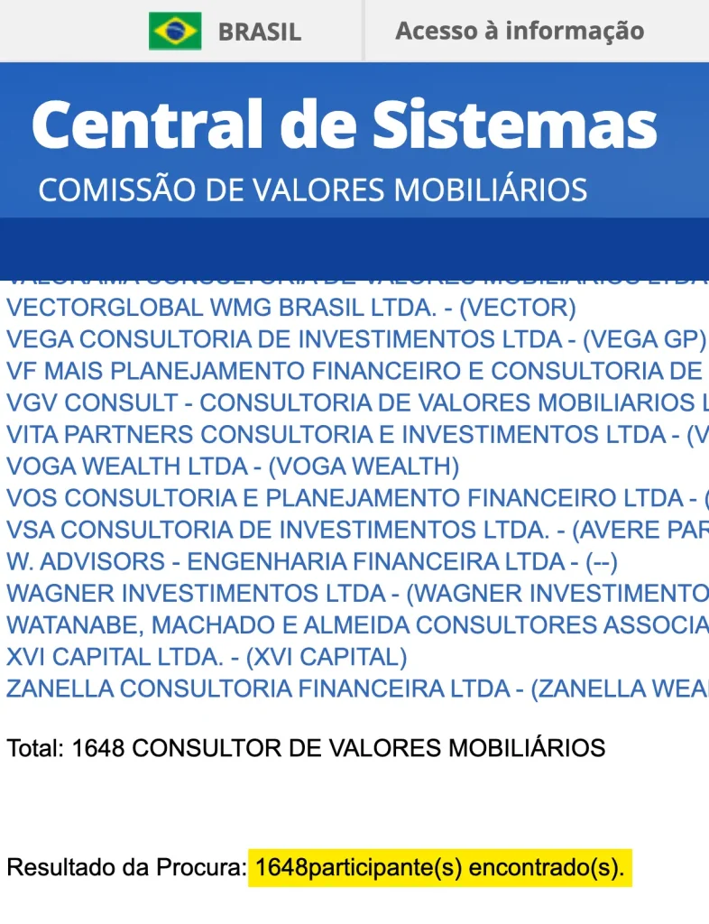 Captura de tela da busca na Central de Sistemas - Comissão de Valores Mobiliários. A busca por Consultor de Valores Mobiliários gerou 1648 resultados.