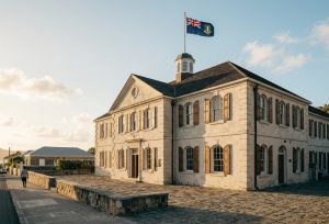 Edifício histórico de pedra com janelas de madeira e a bandeira das Ilhas Virgens Britânicas hasteada no topo