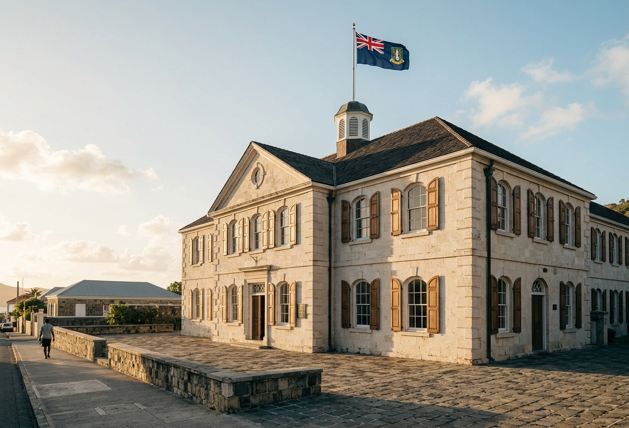 Edifício histórico de pedra com janelas de madeira e a bandeira das Ilhas Virgens Britânicas hasteada no topo