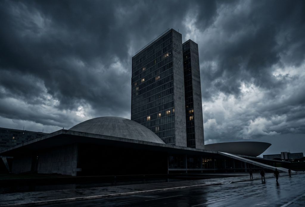 Edifício do Congresso Nacional em Brasília sob um céu escuro e tempestuoso