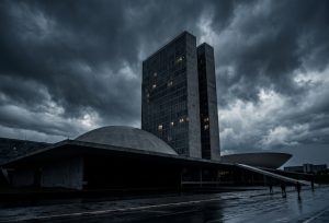 Edifício do Congresso Nacional em Brasília sob um céu escuro e tempestuoso