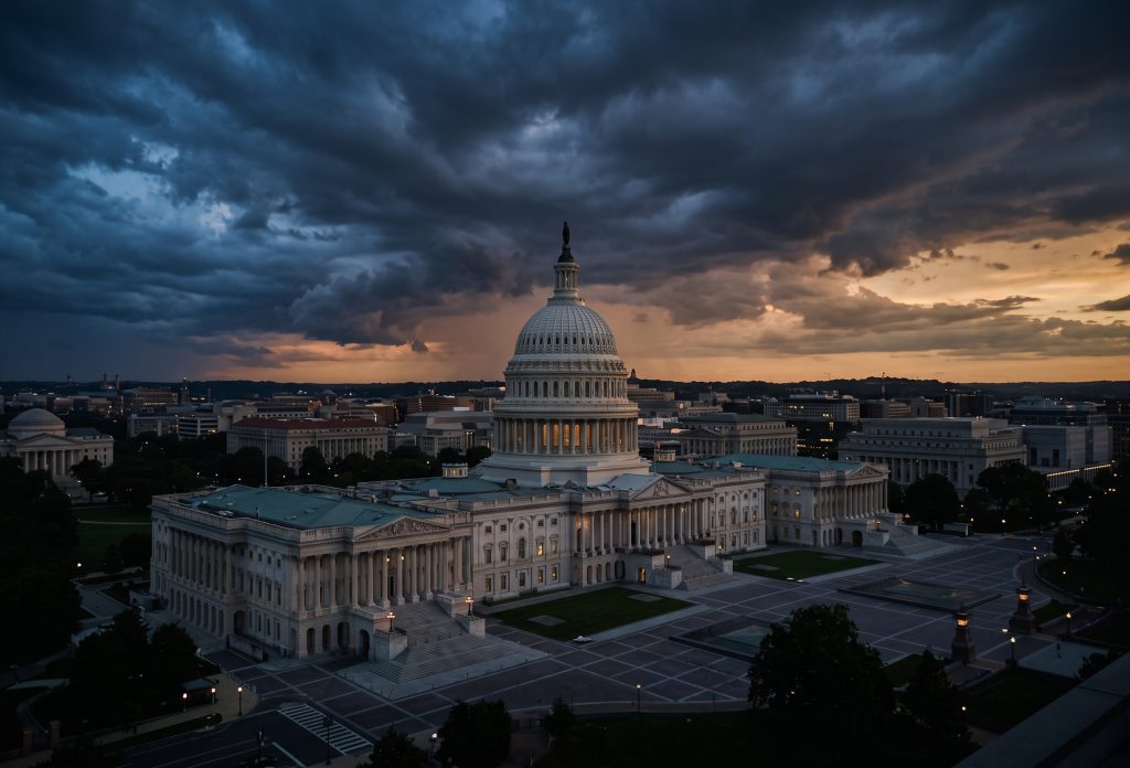 Vista aérea do Capitólio dos Estados Unidos iluminado ao entardecer sob um céu tempestuoso