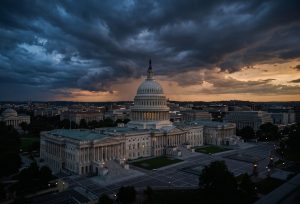 Vista aérea do Capitólio dos Estados Unidos iluminado ao entardecer sob um céu tempestuoso