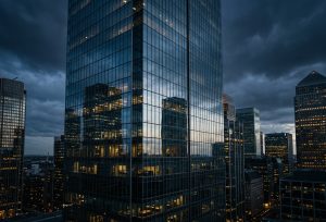 Fachada espelhada de um moderno arranha-céu refletindo outros edifícios iluminados ao anoitecer