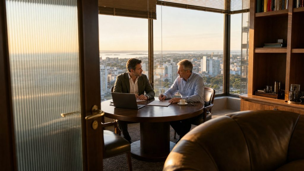 Dois executivos conversam e assinam documentos em um escritório de andar alto com vista panorâmica da cidade