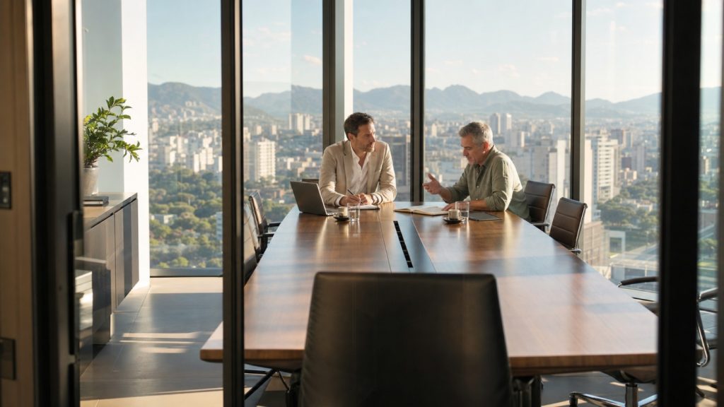 Dois homens conversam em uma mesa de reunião em escritório de andar alto com vista panorâmica para a cidade