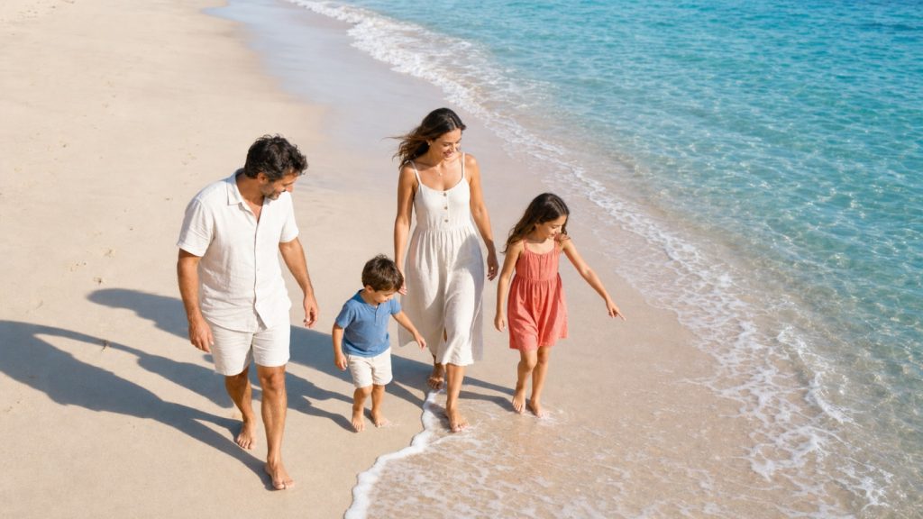 Família com pai, mãe e dois filhos caminhando descalços pela beira do mar em uma praia ensolarada