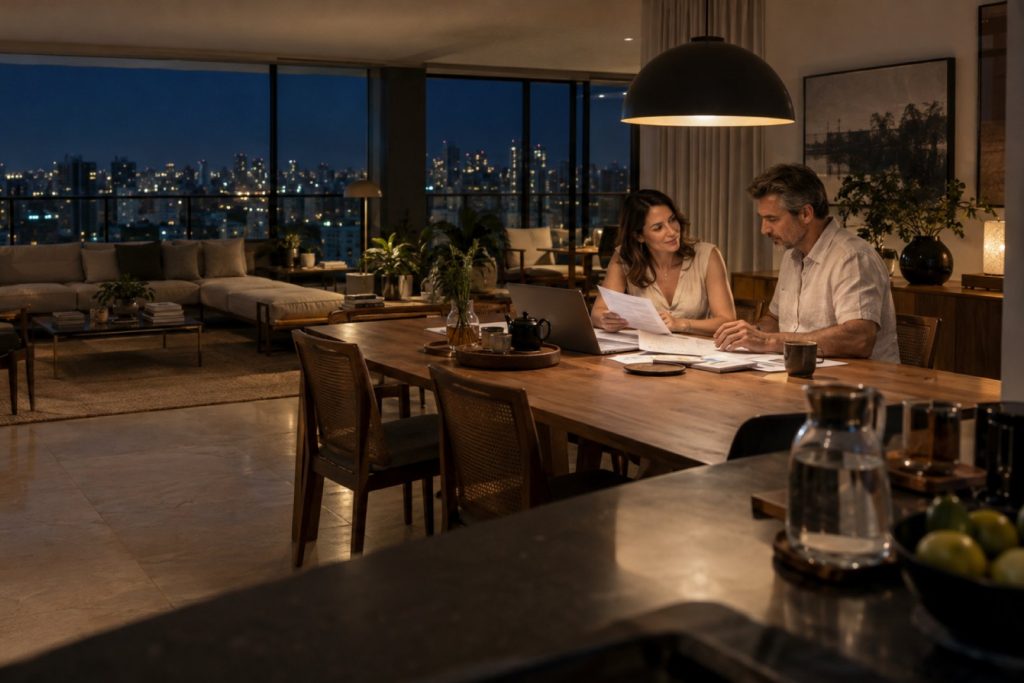 Casal revisando papéis à mesa de jantar, em casa, à noite