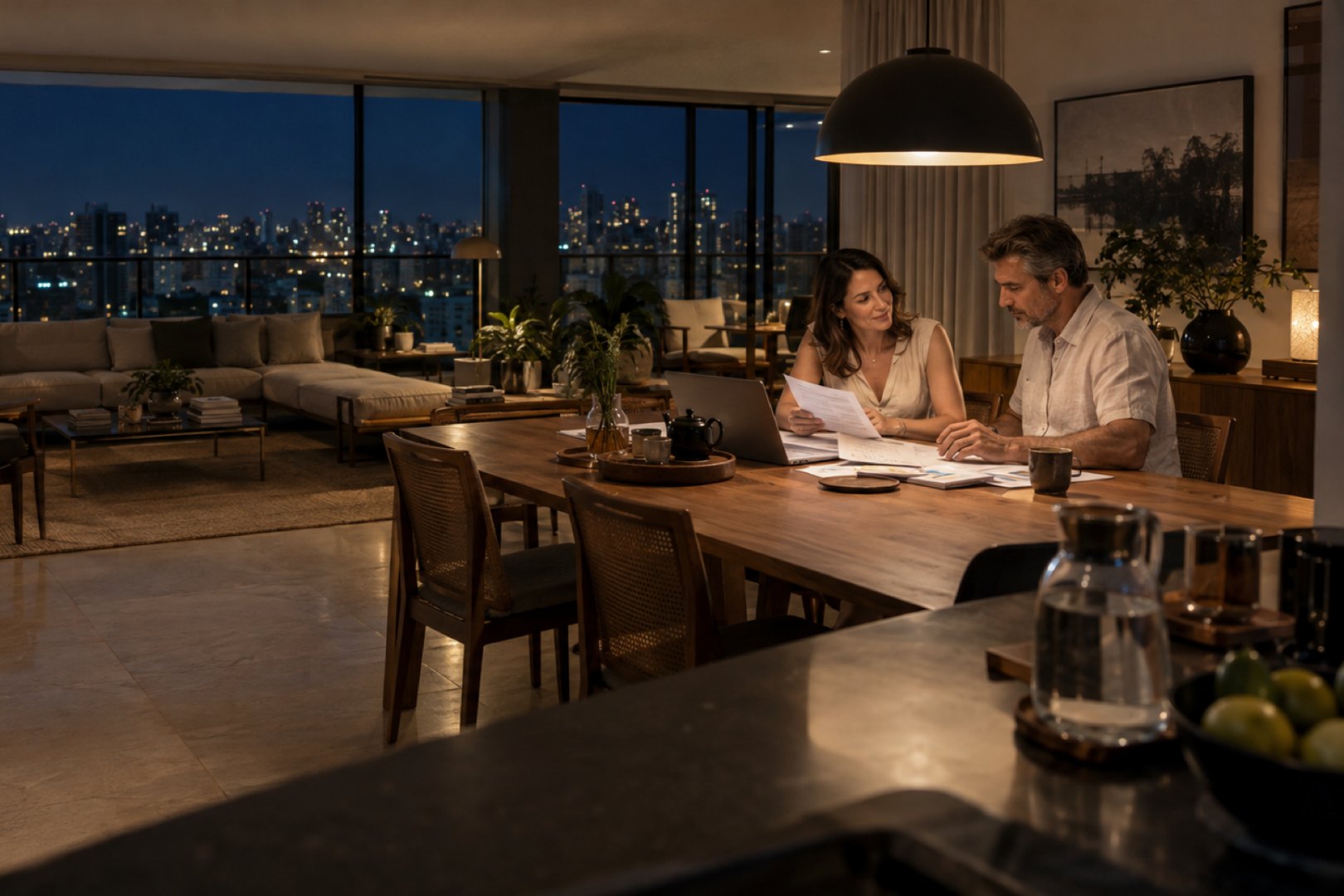 Casal revisando papéis à mesa de jantar, em casa, à noite