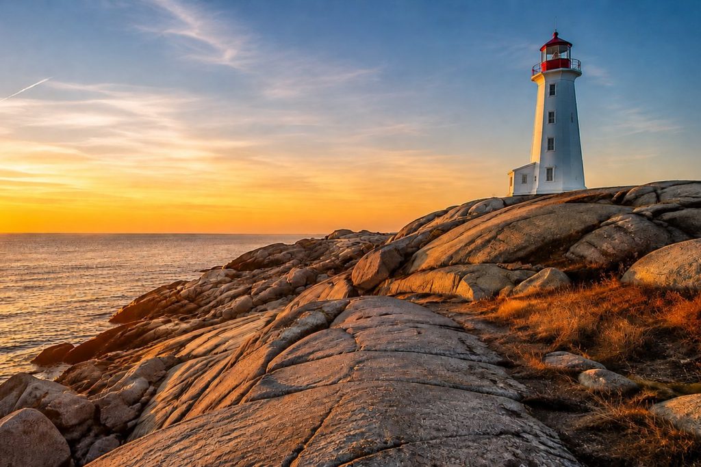 Farol sobre rochas à beira-mar ao pôr do sol