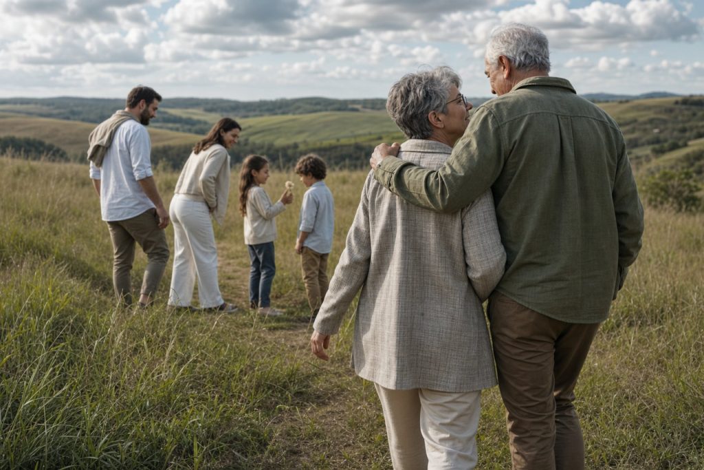 Casal de avós abraçados no campo, com a família logo à frente