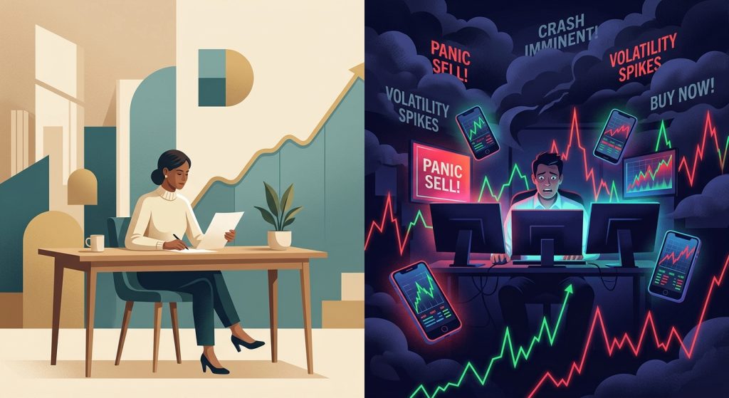 Ilustração comparando um investimento calmo e planejado à esquerda com o estresse e pânico do mercado financeiro à direita