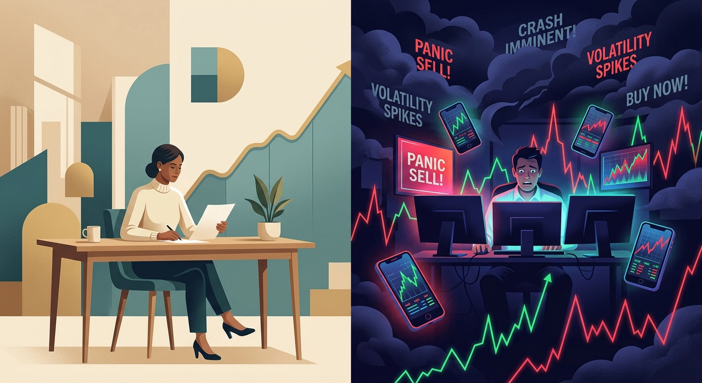Ilustração comparando um investimento calmo e planejado à esquerda com o estresse e pânico do mercado financeiro à direita