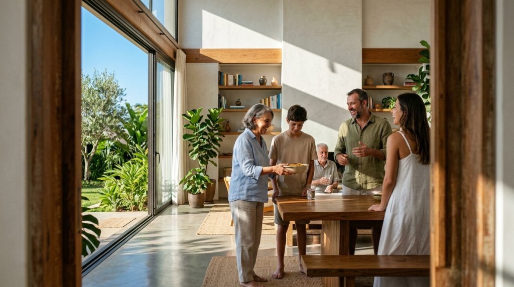 Família de três gerações conversando em volta da mesa, numa casa iluminada pelo sol