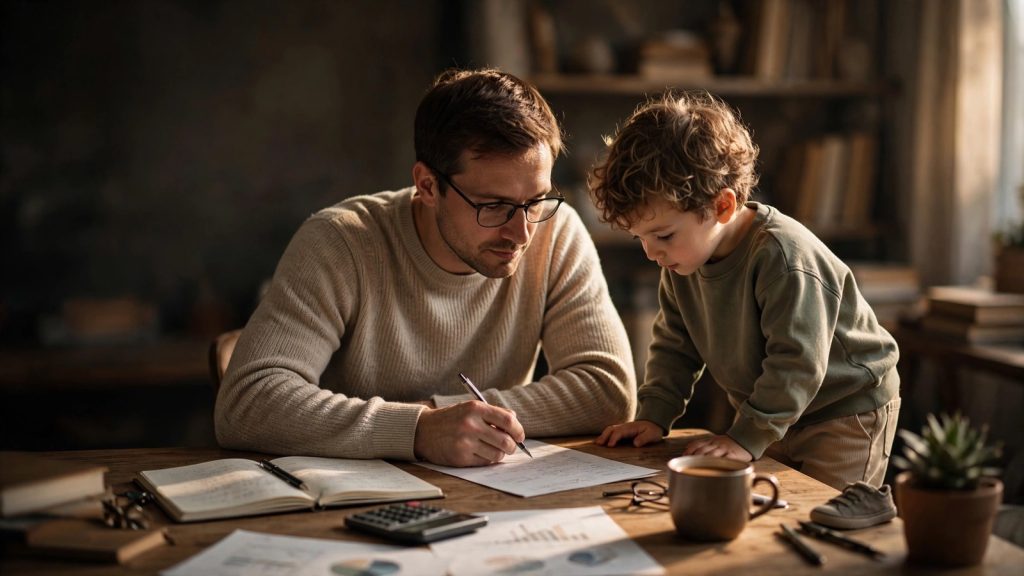 Pai e filho à mesa de casa, debruçados sobre papéis e uma calculadora